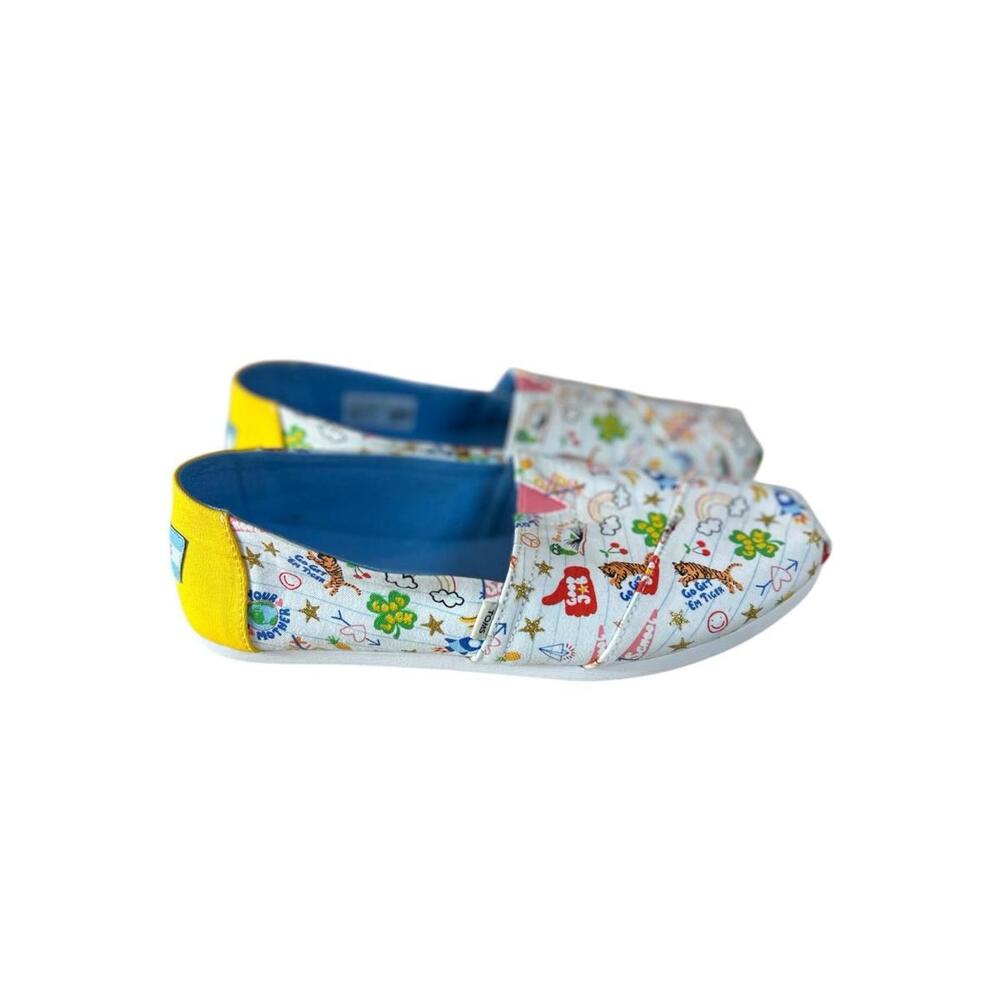 Toms White Alpargatas Notebook Doodles Flat Slip‎ On Ortholite Women's Size 7.5